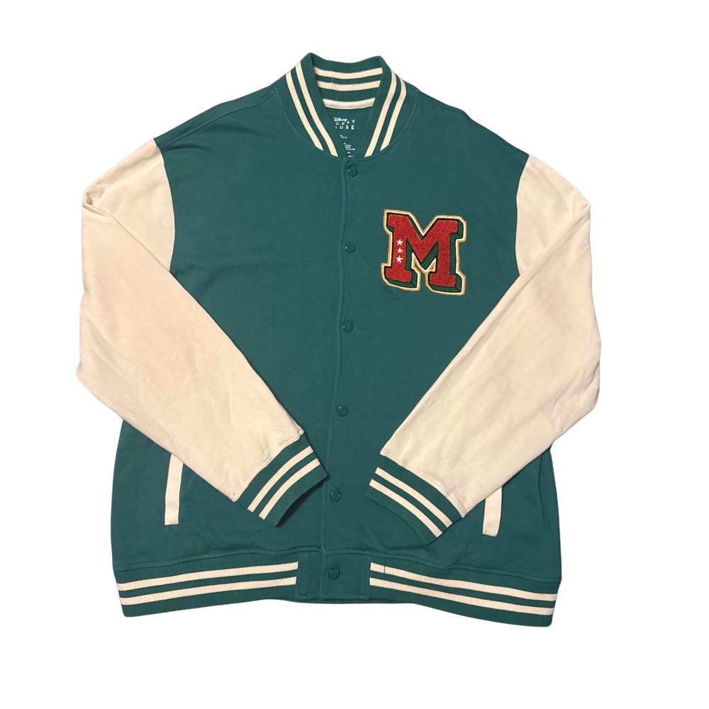 Disney Mickey Mouse Mens Varsity Jacket Green Cream Chenille Patch XL Bomber
